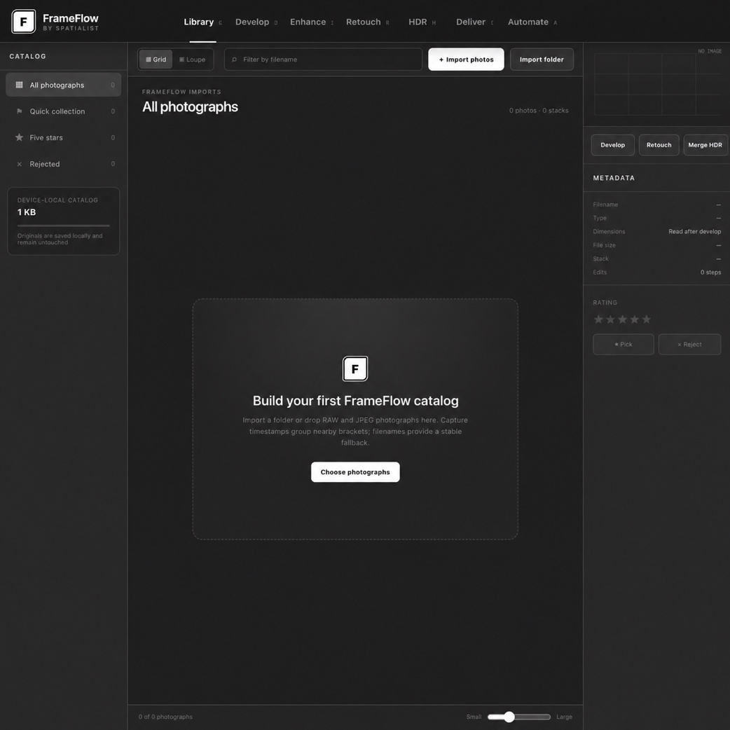 FrameFlow Desktop workspace preview showing its library, catalogue, import controls and editing modules