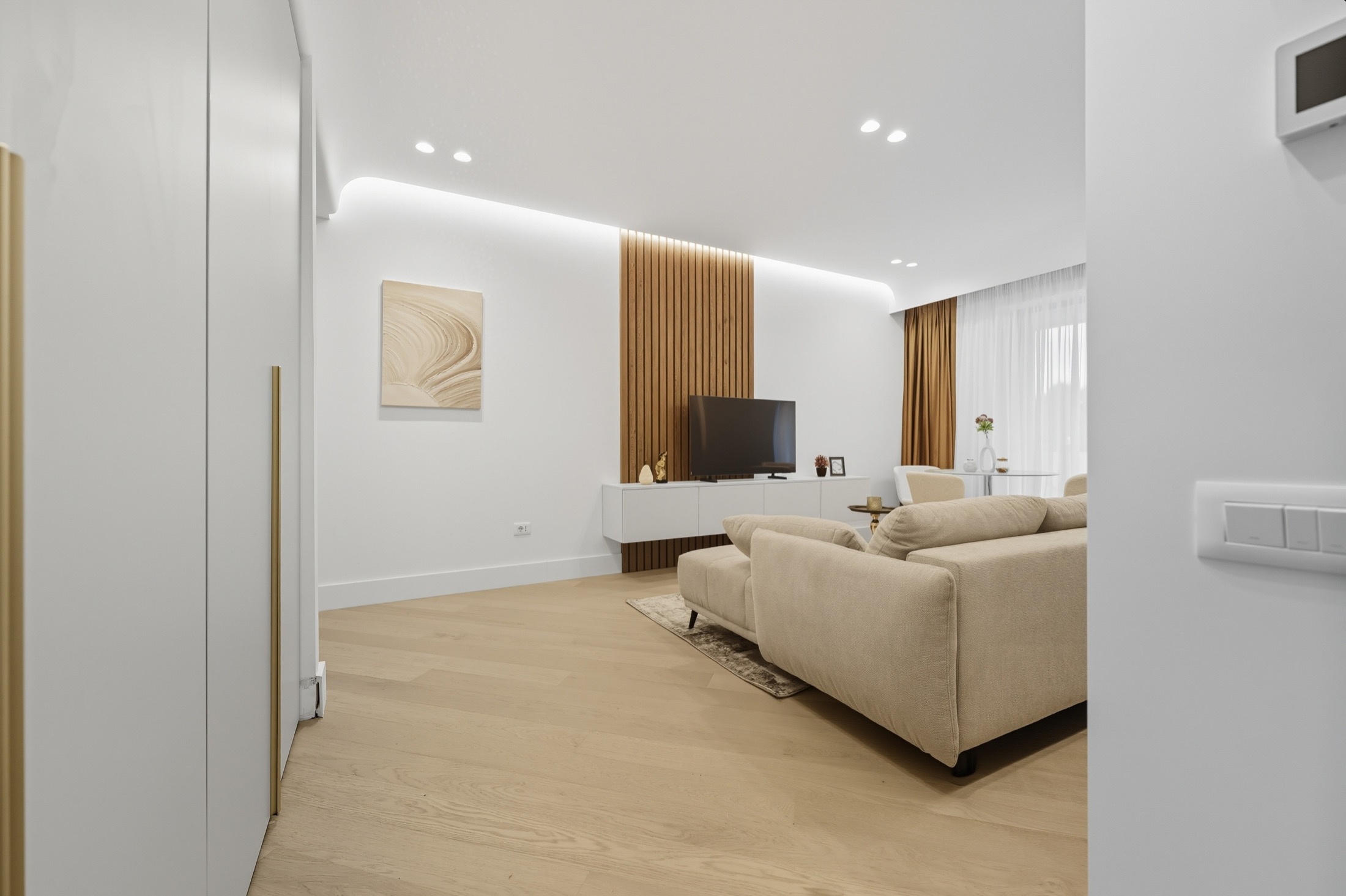 Contemporary living room viewed from the apartment entrance